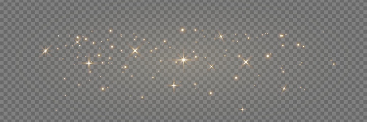 Fototapeta premium Golden light glitter banner. Magic dust background. Luxury party. Star particle bg. Christmas Holiday gold confetti. Fairy bulb. Glow shine bokeh. Winter Celebration frame. Vector illustration