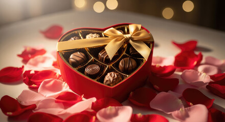 Romantic Valentine's Day Gift with Chocolates and Rose Petals.
