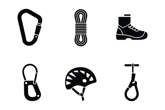 Outdoor rock climbing and mountaineering equipment icons
