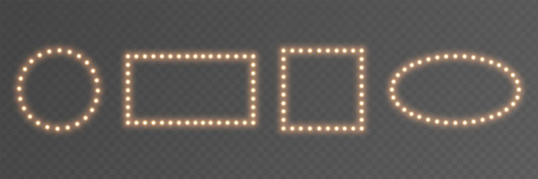 Light bulb gold frame set. Glitter luxury decoration. Golden lamp rectangle banner. Retro neon wall billboard. Cinema, casino design. Mirror background. Marquee circus bg. Vintage.Vector illustration