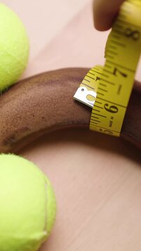 Person with measuring tape measure manhood girth of black banana with balls