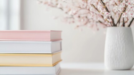 Minimalist Aesthetic Mockup Featuring a Stack of Pastel Books and Baby's Breath in Sunlight Shadows

