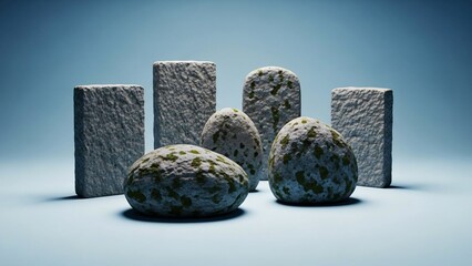 Weathered stones and rectangular blocks arranged on a blue background contrasting textures and shapes