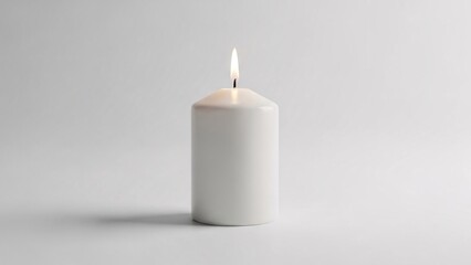 A single white candle with a small flame burning on a plain gray background exuding calmness and serenity