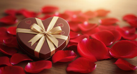 Closed Heart Gift Box with Gold Ribbon and Scattered Rose Petals.