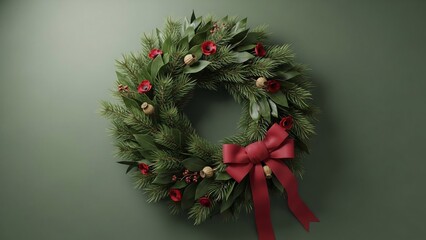 Christmas wreath with red bow and ornaments on green background for holiday decoration