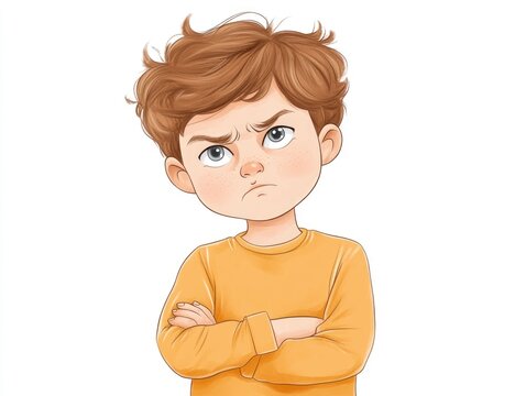 Portrait of a Chibi style Cartoon Boy with Crossed Arms Pouting in Warm Vibrant Colors on an Isolated White Background  The Depicts a Grumpy Displeased Facial Expression and Posture