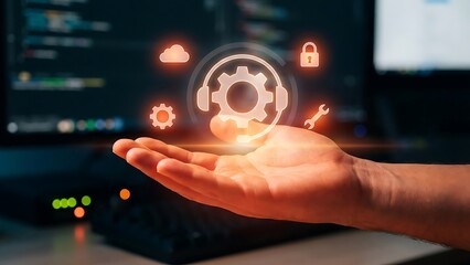 Hand with glowing digital icons technology.