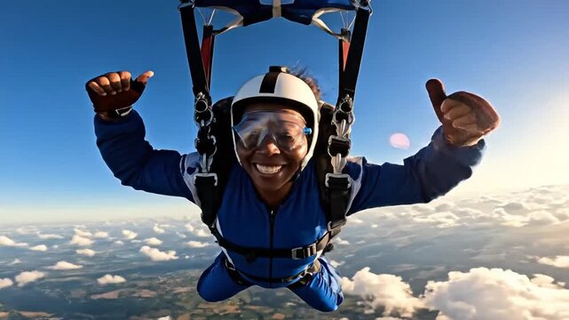 Thrilled skydiver soaring through the vast blue sky, celebrating an exhilarating freefall experience high above a stunning cloudscape with a confident thumbs-up