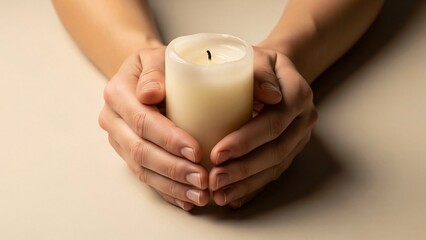 Hands cradling a white candle on a beige background symbolizing peace and serenity in a warm gentle lighting setting
