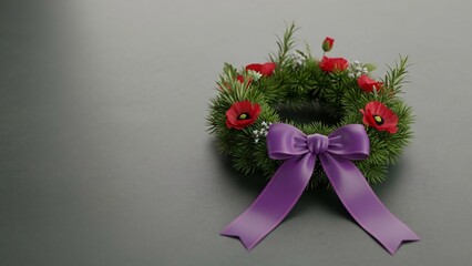 Beautiful christmas wreath with red poppies and purple bow on a gray background festive decoration for holiday season