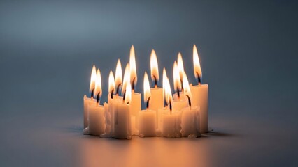 Multiple lit candles in a circle on a dark background creating a warm and cozy atmosphere with soft glowing flames and melted wax