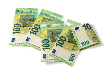 100 euro banknotes arranged and isolated on white background. hundred euro cut out with clipping path included