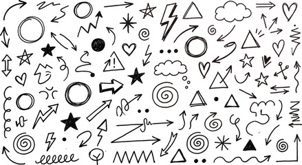 Obraz premium Black and white vector illustration of expressive hand-drawn doodles including arrows, stars, hearts, spirals, clouds, and abstract shapes