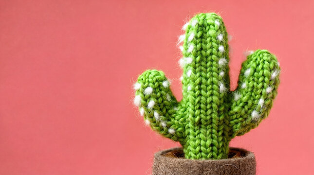 Cute knitted green cactus toy in a pot on pink background