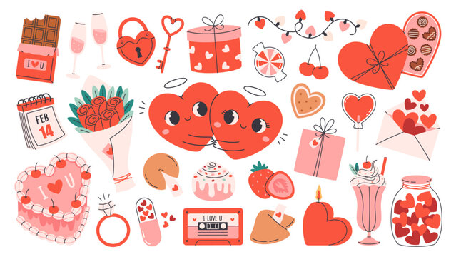 Cute Valentines Day festive elements set. Hearts, sweets, gifts, flower bouquet, ring, garland lights, coquette cake, love tape. Cute holiday stickers. Flat vector illustration isolated on white