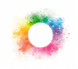 A vibrant circular splash of rainbow colors surrounding a clean white central space, resembling a paint explosion or powder burst.