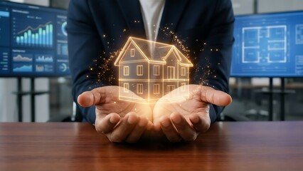 Businessman holding a glowing house model.