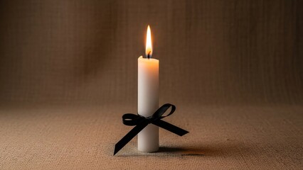 A single white candle with a black ribbon tied around it burns brightly on a textured brown surface with a warm glow and soft shadows in the background