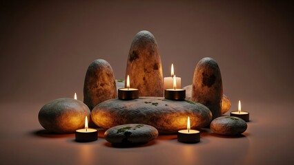 Serene arrangement of smooth stones and lit candles creating a peaceful ambiance with warm lighting