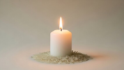 White candle burning on a pile of rice on a plain background with soft warm lighting
