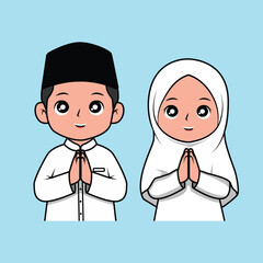 Fototapeta premium Cute Muslim children wearing traditional outfits greeting for Eid al-Fitr