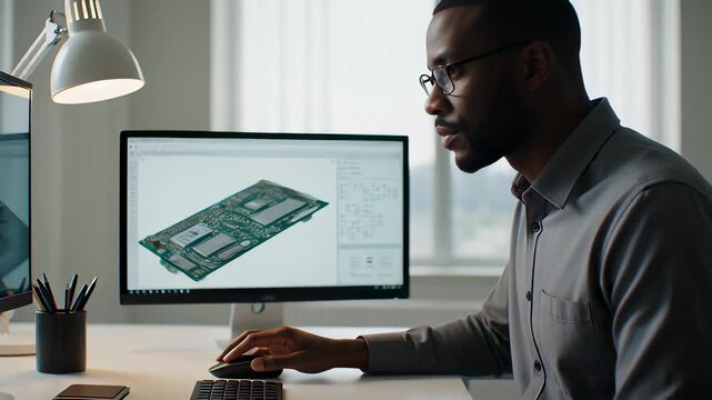 Focused African American electronics engineer putting on glasses to design a complex green PCB circuit board on a desktop computer in a bright office, representing hardware technology development