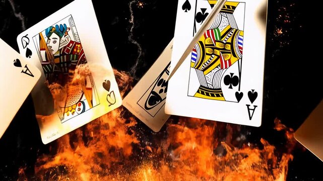 Playing Cards in Fiery Burst with Sparks