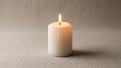 A single white candle with a soft flame on a textured gray surface warm lighting