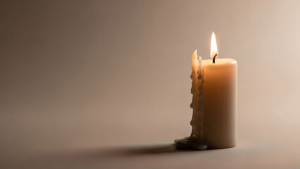 Lit candle with melting wax on a plain background soft lighting serene atmosphere warm glow peaceful ambiance candlelight relaxation calmness meditation quiet reflection