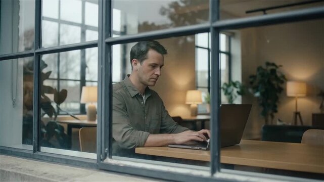 Focused Professional Man Working on Laptop in Modern Office Seen Through Window