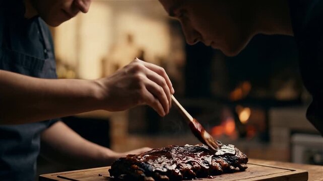 Professional Chef Basting Grilled BBQ Ribs with Sauce on Wooden Board in Dark Atmospheric Kitchen