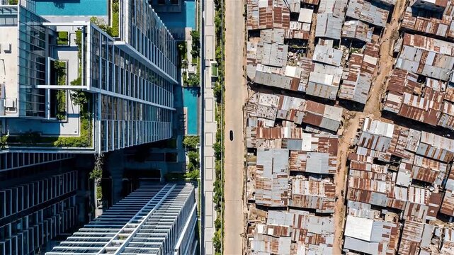 Aerial Top-Down View Showing Social Inequality and Contrast Between Luxury Skyscraper Apartments and Poor Shanty Town Slum