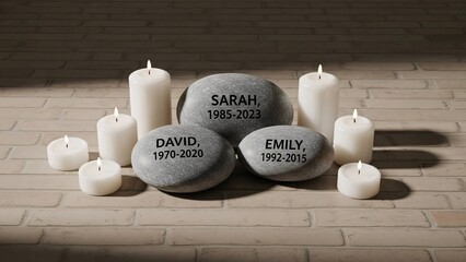Memorial setup with candles and engraved stones for sarah david and emily on brick floor