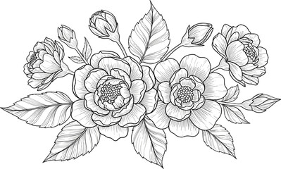 Fototapeta premium Botanical vector illustration of blooming flowers with leaves and buds in elegant black and white floral composition