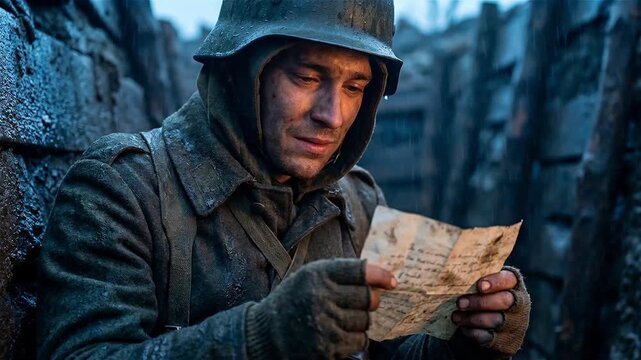 Emotional Soldier in World War I Trench Reading a Letter from Home in the Rain - Cinematic Historical Drama