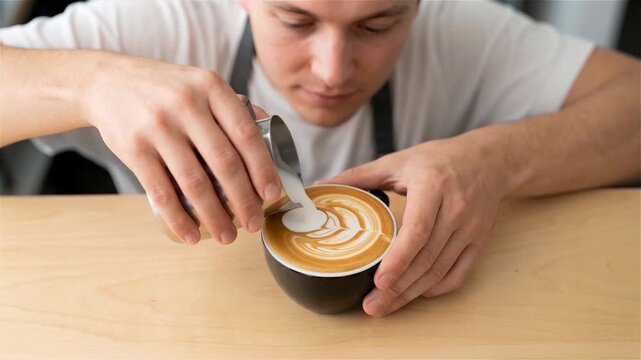 Close-up of a professional male barista pouring steamed milk to create intricate latte art in a ceramic cup at a modern coffee shop.
