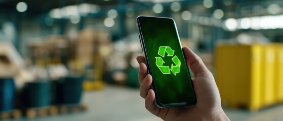 The Smartphone Displaying Green Recycling Symbol in Industrial Warehouse Background