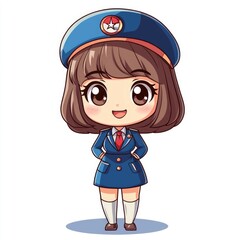 Adorable chibi style of a female flight attendant or airline crew member wearing an elegant uniform and posing cheerfully against a plain white background  Depicts the friendly