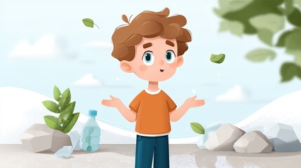 Young Boy with Brown Hair Expressing Wonder in Nature Surrounded by Water Bottle and Leaves