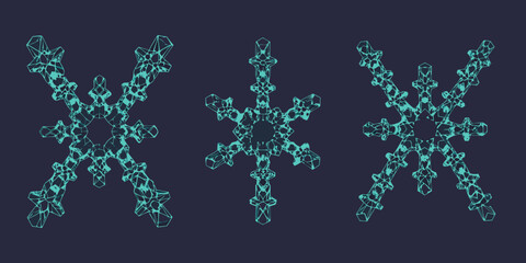 three intricate teal snowflakes on a dark blue background