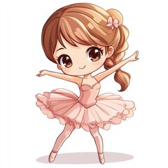 Cute and Cheerful Chibi Style Dancer Performing a Playful Ballet Pose in Kawaii on Isolated White Background