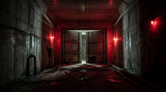 High security underground concrete bunker hallway with red emergency lights and blast doors.