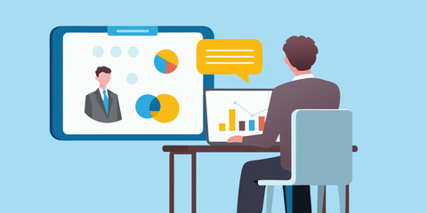 Business professional presenting data and analytics during a virtual video conference