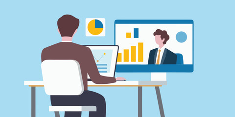 A person reviewing data and video conferencing with a colleague