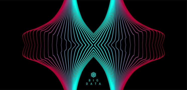 Big Data. Abstract digital form. Sound wave of deformed bands. Branched structure of multiple lines. Energy flow. Scientific illustration. Vector for brochure, poster, cover, flyer, or banner.