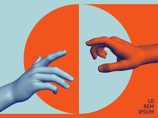 Hands reaching towards each other. Concept of human relation, togetherness or  partnership. 3D vector illustration. Design for banner, flyer, poster, cover or brochure.