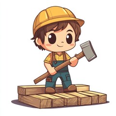 Cute Chibi Style Cartoon Character Carpenter Holding Hammer and Standing on Wooden Planks Isolated on White Background  of Woodworking Expert at Work