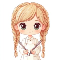Adorable Chibi style Cartoon Character of a Hairdresser or Beauty Stylist Holding Scissors and Smiling Cheerfully Against a Plain White Background