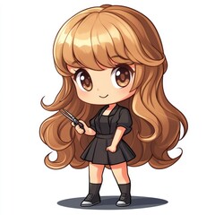Cute Chibi Digital of a Hairstylist or Beauty Stylist Holding Scissors on a White Background